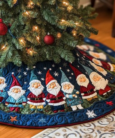 Gnome Ensemble Quilted Christmas Tree Skirt — Whimsical Gnome Holiday Tree Skirt, Soft Quilting For Festive Family Rooms