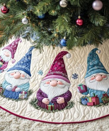 Gnome For The Holidays Quilted Tree Skirt , 60" Festive Christmas Tree Collar - Soft Quilting, Durable Cotton-Blend