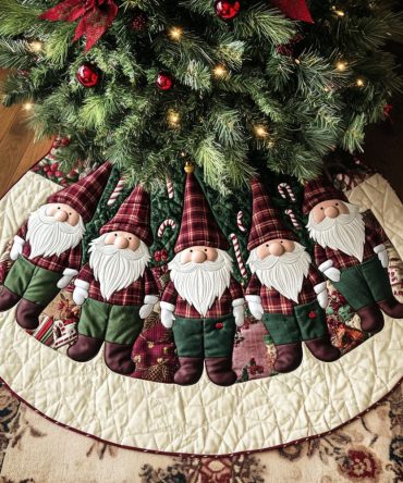 Gnome Forest Celebration Quilted Tree Skirt — Rustic Woodland Christmas Décor, Patchwork Applique For Charming Holiday Displays