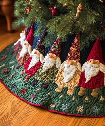 Gnome Gather Quilted Christmas Tree Skirt — Charming Holiday Base For Trees, Quilted Texture And Playful Seasonal Design