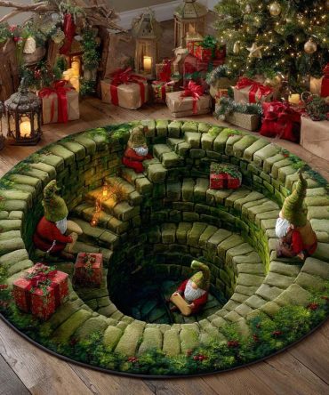 Gnome Gift Tunnel Round Rug - Delightful Christmas Gift Tunnel Design Rug For Entryway, Playroom & Festive Displays