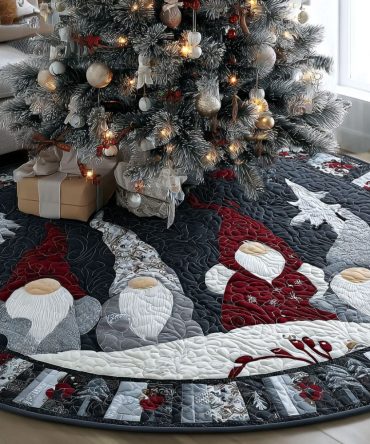 Gnome Holiday Magic Quilted Tree Skirt — Enchanting Christmas Tree Skirt With Cozy Patchwork Gnomes And Durable Finish