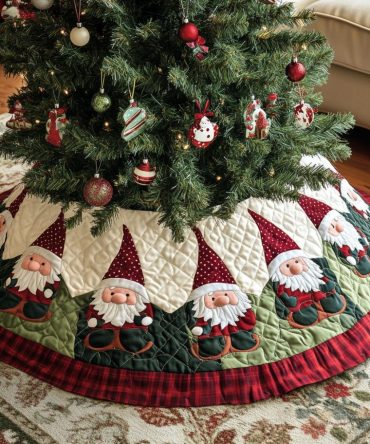 Gnome Joy Quilted Christmas Tree Skirt — Cheerful Gnome Illustration With Soft Padding, Holiday Base Cover To Brighten Your Tree