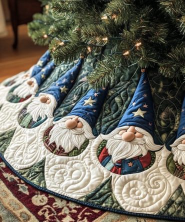 Gnome Merriment Quilted Christmas Tree Skirt — Festive Gnome Design With Plush Quilting, Ideal For Cheerful Holiday Displays