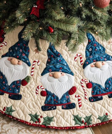 Gnome Merry Moments Quilted Tree Skirt — Cheerful Gnome Holiday Wrap, Plush Protective Base For Christmas Trees And Gift Displays