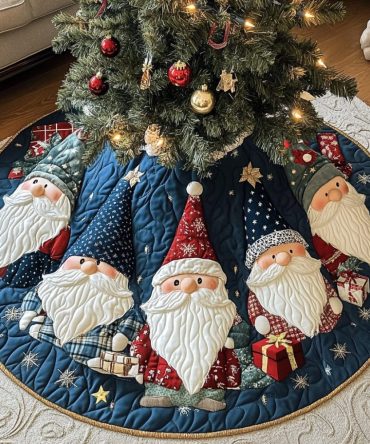 Gnome Noel Celebration Quilted Christmas Tree Skirt , 60" Holiday Tree Collar - Cozy Cotton Blend, Machine Wash Friendly