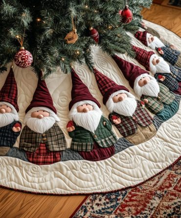 Gnome Parade Quilted Christmas Tree Skirt — Playful Holiday Floor Cover With Quilted Texture, Perfect For Family Celebrations