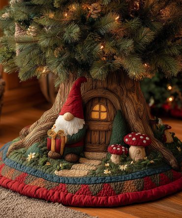 Gnome Tiny Gift Quilted Christmas Tree Skirt - Adorable Mini Gnome Design, Festive Quilted Holiday Accent For Charming Trees