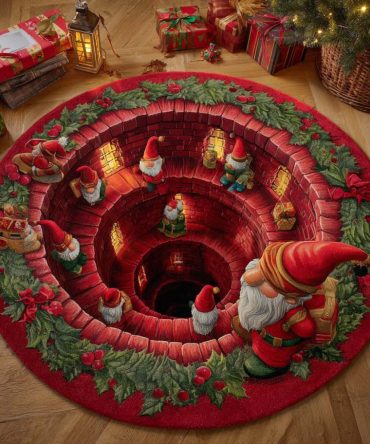 Gnome Staircase Holiday Round Rug - Festive Christmas Step-Themed Floor Mat For Entrances, Hallways & Living Rooms