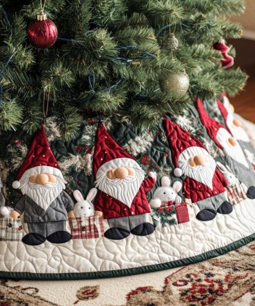 Gnome Sweet Home Quilted Christmas Tree Skirt — Charming Gnome Motifs & Soft Quilting For Heartwarming Holiday Displays
