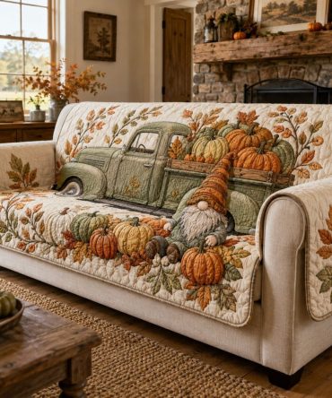 Gnome Truck Quilted Sofa Cover - Reversible Couch Protector With Festive Garden Truck Print, Soft Durable Slipcover