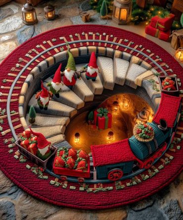 Gnome Express Tunnel Round Rug - Playful Christmas Train & Tunnel Floor Mat, Durable Non-Slip Holiday Accent Rug