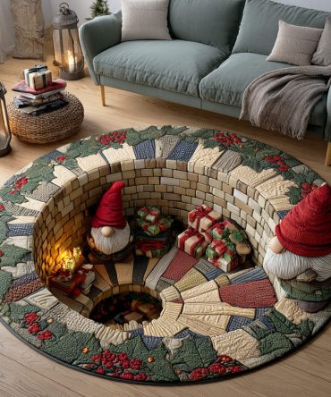 Gnome Under Lights Round Rug - Festive Illuminated Gnome Design Area Rug For Holiday Living Rooms & Entryways, Plush, Soft, Easy Clean