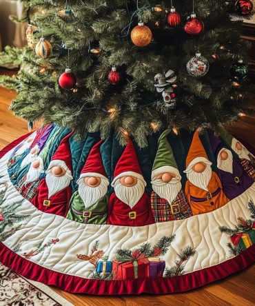 Gnome Village Quilted Christmas Tree Skirt — Scenic Gnome Holiday Skirt, Durable Quilting For Cozy Season Styling