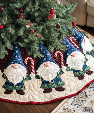 Gnome Winter Wishes Quilted Christmas Tree Skirt — Cozy Gnome-Themed Tree Wrap, Soft Decorative Foundation For Seasonal Decor