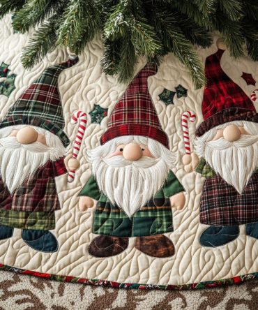 Gnome Wonderland Quilted Tree Skirt — Enchanting Gnome Winter Scene, Soft Quilting For Charming Holiday Displays & Easy Care