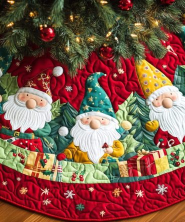 Gnome Workshop Quilted Tree Skirt — Whimsical Gnome Motifs, Child-Friendly Holiday Quilting, 48-Inch Round, Durable Cotton Blend