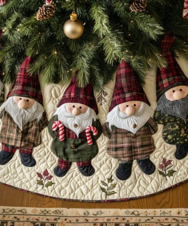 Gnome For The Holidays Quilted Tree Skirt — Cute Gnome Scene & Cozy Quilting That Brings Whimsy To Your Seasonal Decor