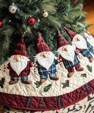 Gnomefestive Delights Quilted Tree Skirt — Charming Gnome Holiday Wrap, Plush Decorative Base For Christmas Trees And Gifts