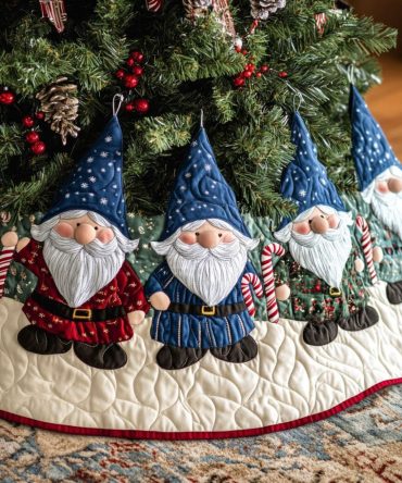 Gnomes Wonderland Quilted Christmas Tree Skirt — Enchanting Holiday Tree Wrap With Gnome Characters, Soft Cozy Base For Presents