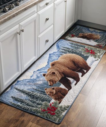 Golden Bear Kitchen Mat - Warm Lodge Rug With Bear Motif, Heavy-Duty Fade-Resistant Fibers, Anti-Skid Backing For Safe Floors