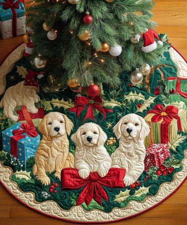 Golden Bells Ringing Quilted Tree Skirt — Shiny Bell Motif Christmas Base, Luxurious Quilting, Reversible & Holiday-Ready Décor