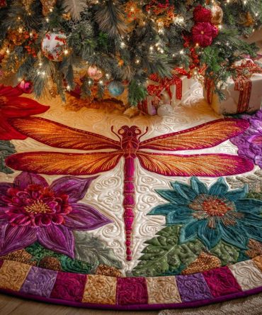 Golden Blossom Harmony Quilted Tree Skirt — Warm Floral Holiday Base, Soft Quilting With Gold Accents, Elegant Christmas Décor Piece