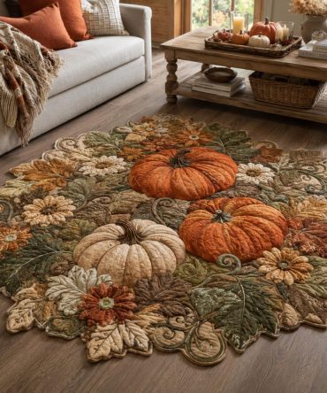 Golden Harvest Pumpkin Garden Custom-Shaped Area Rug — Warm Gold-Tone Fall Accent, Durable Low-Pile, Fade-Resistant Finish, Multiple Sizes & Non-Slip