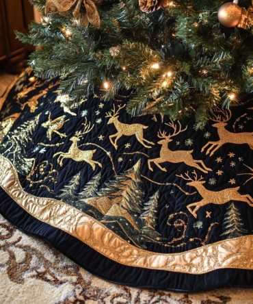 Golden Horns Quilted Christmas Tree Skirt - Elegant Holiday Tree Skirt With Metallic Accents For Luxe Seasonal Decor