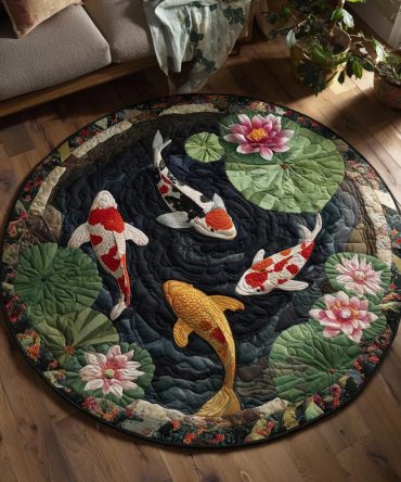 Golden Koi Luxe Rug - Radiant Round Area Rug With Golden Koi Design, Soft High-Density Pile, Durable Backing And Fade-Resistant Colors For Stylish Rooms