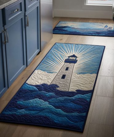 Golden Lighthouse Kitchen Runner Rug - Elegant Lighthouse Motif, Non-Slip Low-Profile Microfiber Mat, Machine Washable, Soft Anti-Fatigue Padding