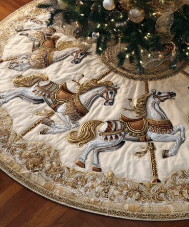 Luxurious Gold Carousel Quilt Tree Skirt — Hand-Quilted Metallic Holiday Tree Collar For Elegant Christmas Decor & Gift