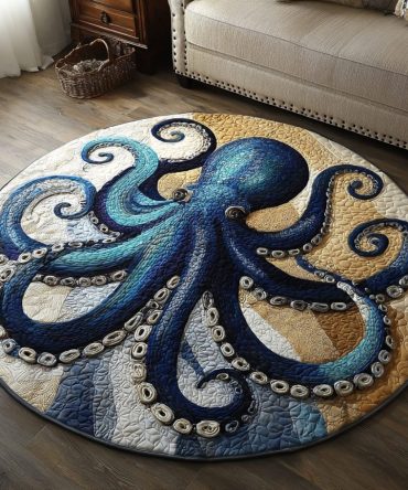 Golden Octopus Round Plush Rug - Luxurious Metallic-Tone Nautical Area Rug For Living Rooms, Kids Rooms & Coastal Home Accent