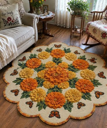 Golden Petal Celebration Custom Rug — Luminous Gold & Orange Marigold Design, Stain-Resistant Fibers, Secure Non-Slip Backing