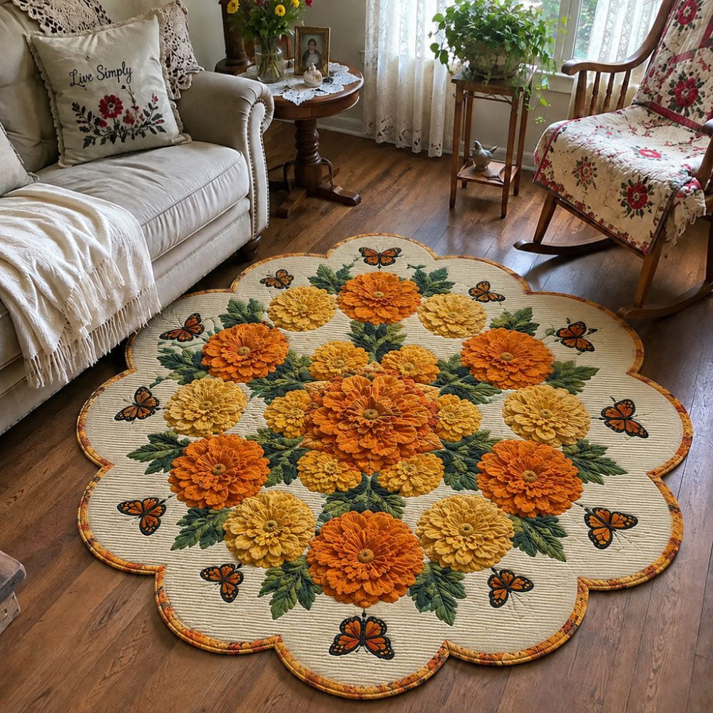 Golden Petal Celebration Custom Rug — Luminous Gold & Orange Marigold Design, Stain-Resistant Fibers, Secure Non-Slip Backing