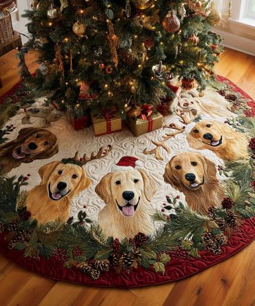Cheer Quilted Golden Retriever Christmas Tree Skirt — Joyful Pet-Themed Holiday Skirt With Plush Quilting For Festive Home Styling