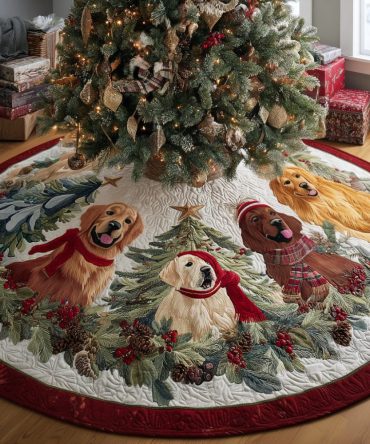 Premium Quilted Golden Retriever Christmas Tree Skirt — Designer Pet-Themed Holiday Skirt, Soft Durable Fabric For Festive Home & Gifts