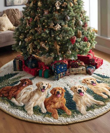 Golden Retriever Gathering Quilted Tree Skirt — Festive Dog Family Design, Quilted Holiday Flair For Living Room Trees