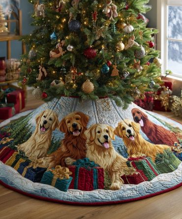 Golden Retriever Love Quilted Tree Skirt — Heartwarming Dog Holiday Decor, Premium Quilted Mat For Pet Families
