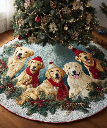 Magic Quilted Golden Retriever Christmas Tree Skirt — Enchanting Pet-Themed Holiday Skirt With Soft Quilting For Festive, Cozy Decor