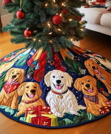 Golden Retriever Snow Magic Quilted Tree Skirt — Snowy Holiday Dog Design , Cozy Festive Decor & Practical, Machine-Washable Accent