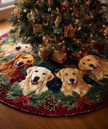 Warm Golden Retriever Quilted Christmas Tree Skirt — Soft Holiday Accent For Dog Lovers, Durable Fabric & Festive Design