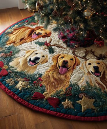 Wishes Quilted Golden Retriever Christmas Tree Skirt — Festive Pet-Inspired Holiday Skirt, Soft Quilting & Charming Gift Option