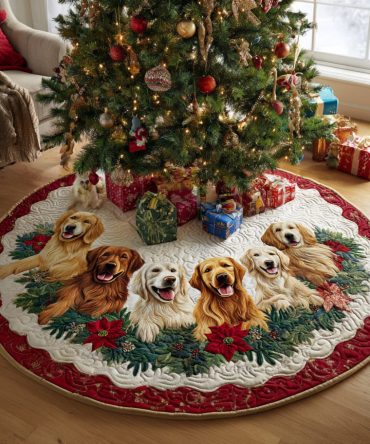 Wishes Quilted Golden Retriever Christmas Tree Skirt — Charming Dog-Themed Holiday Accent, Soft Layered Fabric, Ideal Gift For Pet Enthusiasts