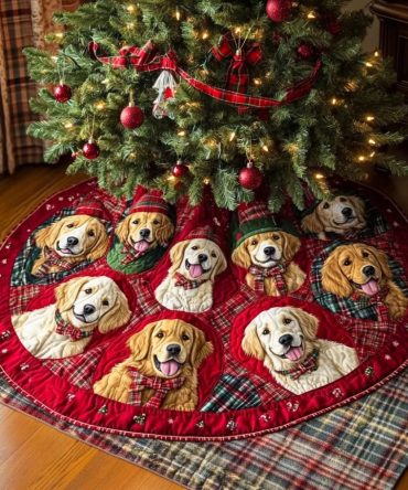 Golden Retriever Wonderland Quilted Christmas Tree Skirt — Enchanting Holiday Dog Design, Plush Quilting & Easy Care Finish
