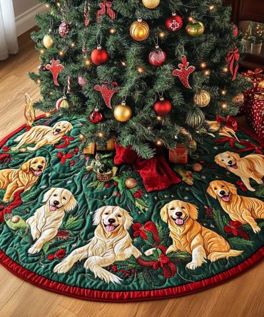 Elegant Golden Dog Quilted Christmas Tree Skirt – Luxe Holiday Home Décor With Golden Accents For Pet Lovers
