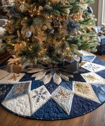 Golden Snowflake Quilted Tree Skirt - Elegant Holiday Tree Skirt With Metallic Accents For Luxe Seasonal Decor