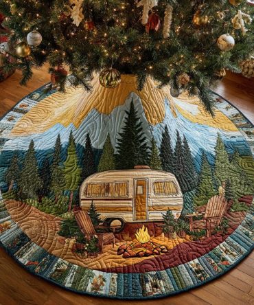Golden Trail Quilted Christmas Tree Skirt - Warm Metallic Holiday Skirt, Premium Cotton, Machine-Washable & Festive Living Room Accent