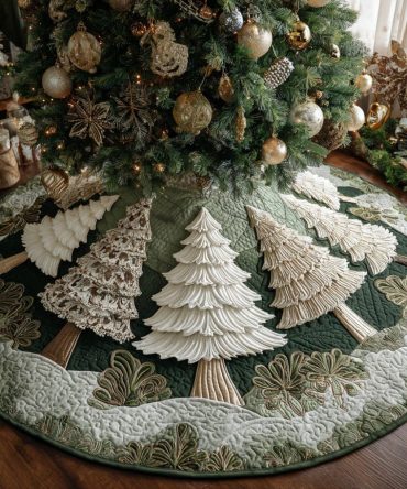 Golden Trees Quilted Holiday Tree Skirt — Metallic Accented Pine Design, Luxurious Quilting For Elegant Christmas Decor