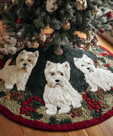 Golden Westie Glow Quilted Tree Skirt — Warm West Highland Terrier Christmas Base Cover, Quilted Holiday Decor For Dog Lovers